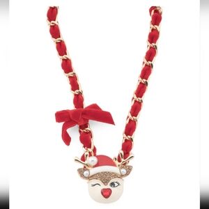 Betsey Johnson Faux Stone Santa Baby Reindeer Bow Pendant Necklace NWT